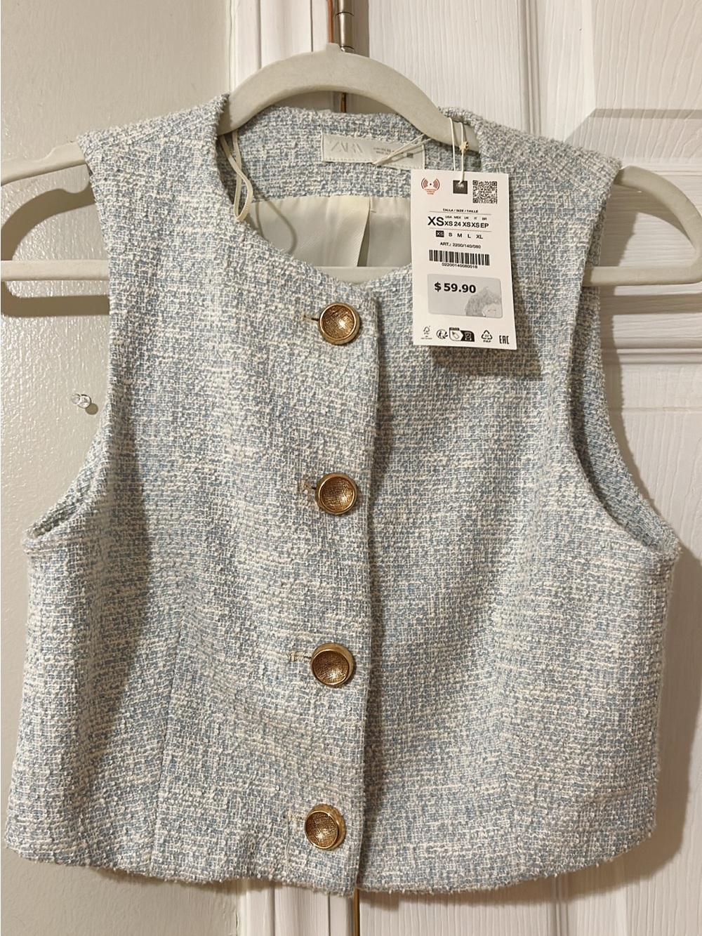 Zara Pale Blue & White Tweed Button Vest